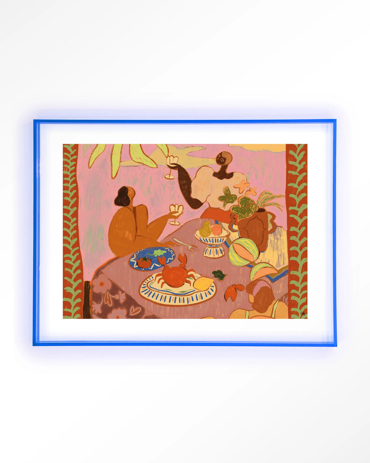 Lunch with the ladies – lunch aan tafel in roze – Art print – Acryl lichtblauw
