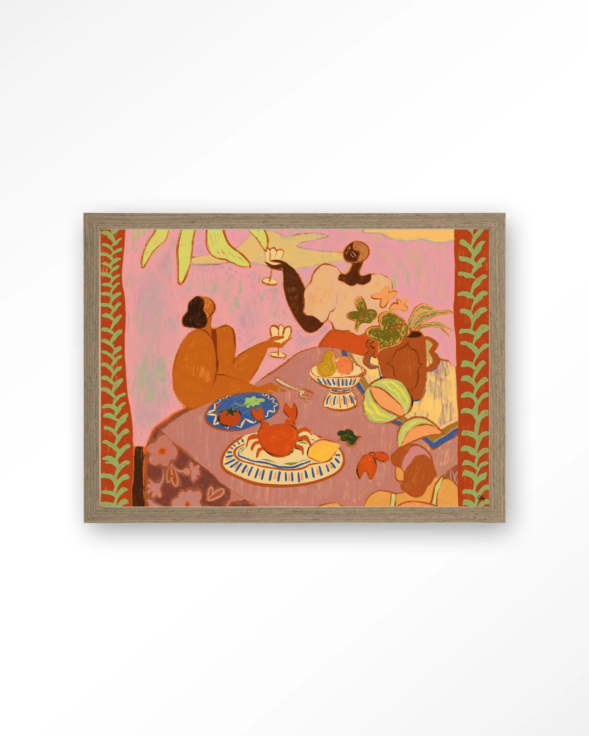 Lunch with the ladies – lunch aan tafel in roze – Art print – Hout bruin
