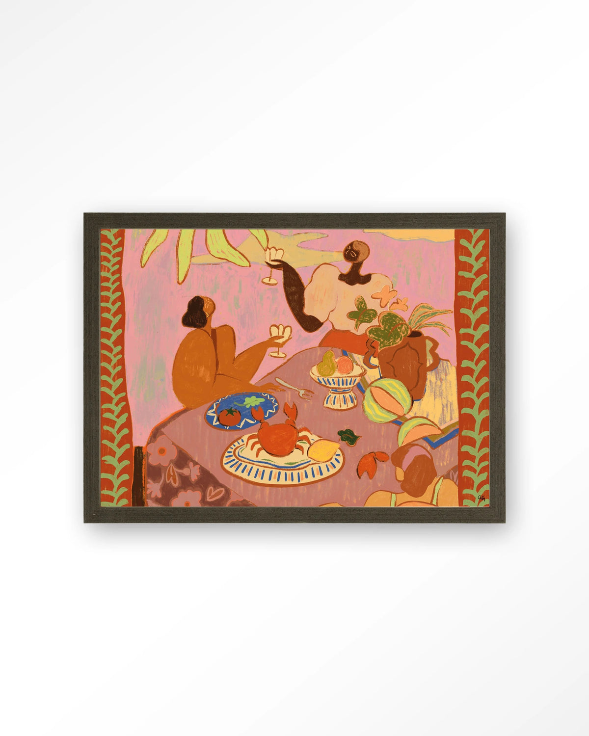 Lunch with the ladies – lunch aan tafel in roze – Art print – Hout donkerbruin
