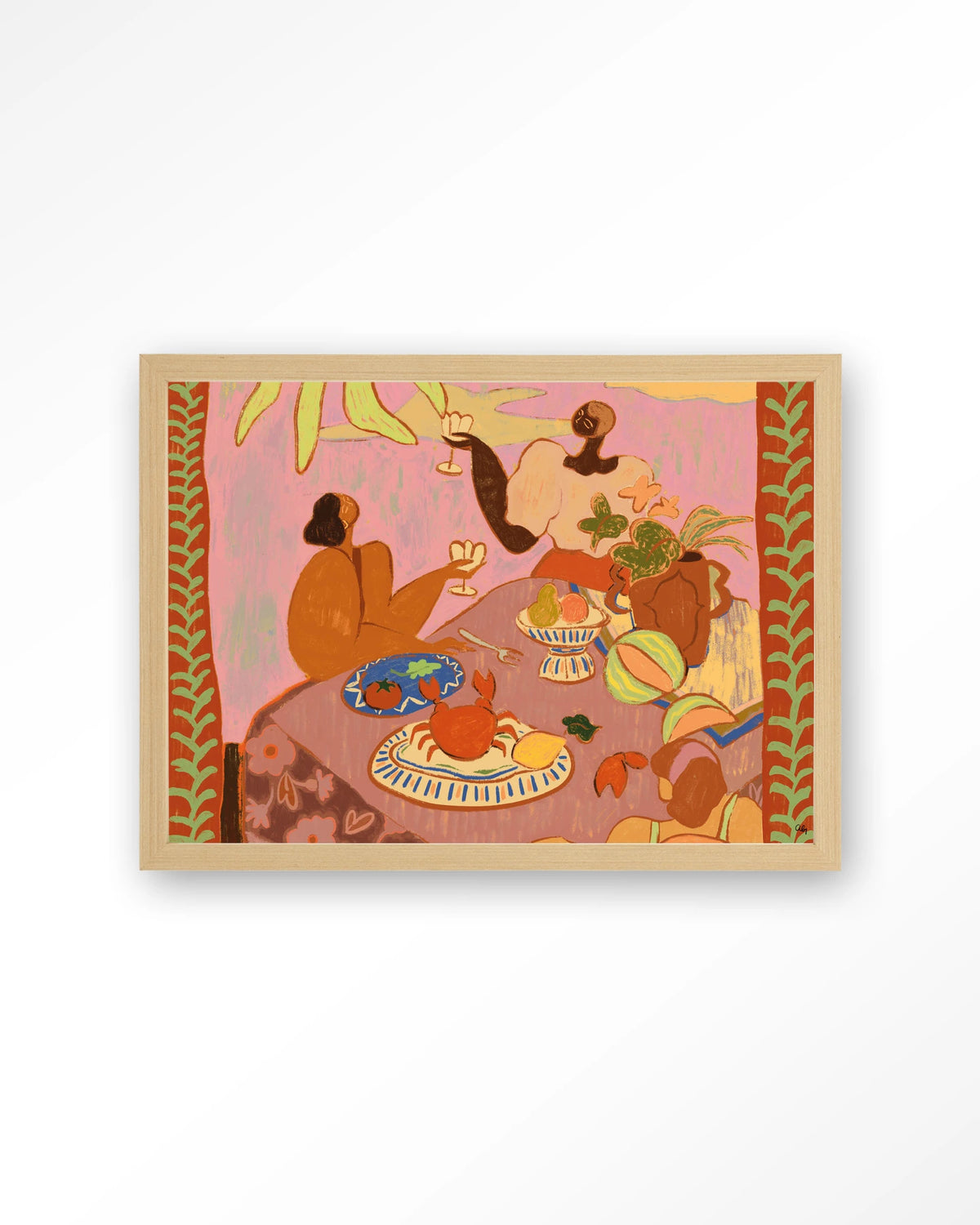 Lunch with the ladies – lunch aan tafel in roze – Art print – Hout naturel
