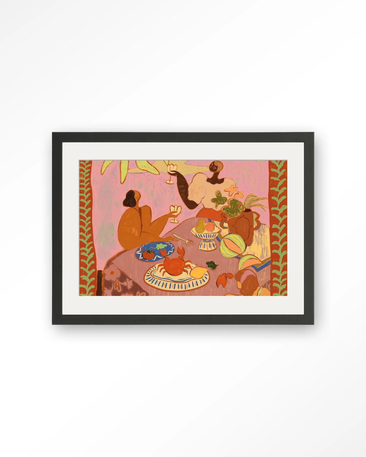 Lunch with the ladies – lunch aan tafel in roze – Art print – Hout zwart + passe-partout