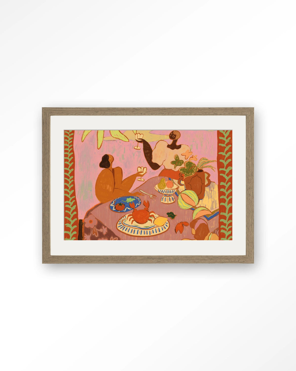 Lunch with the ladies – lunch aan tafel in roze – Art print – Hout bruin + passe-partout