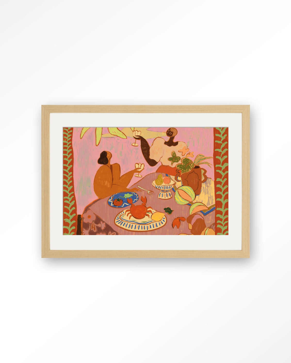 Lunch with the ladies – lunch aan tafel in roze – Art print – Hout naturel + passe-partout