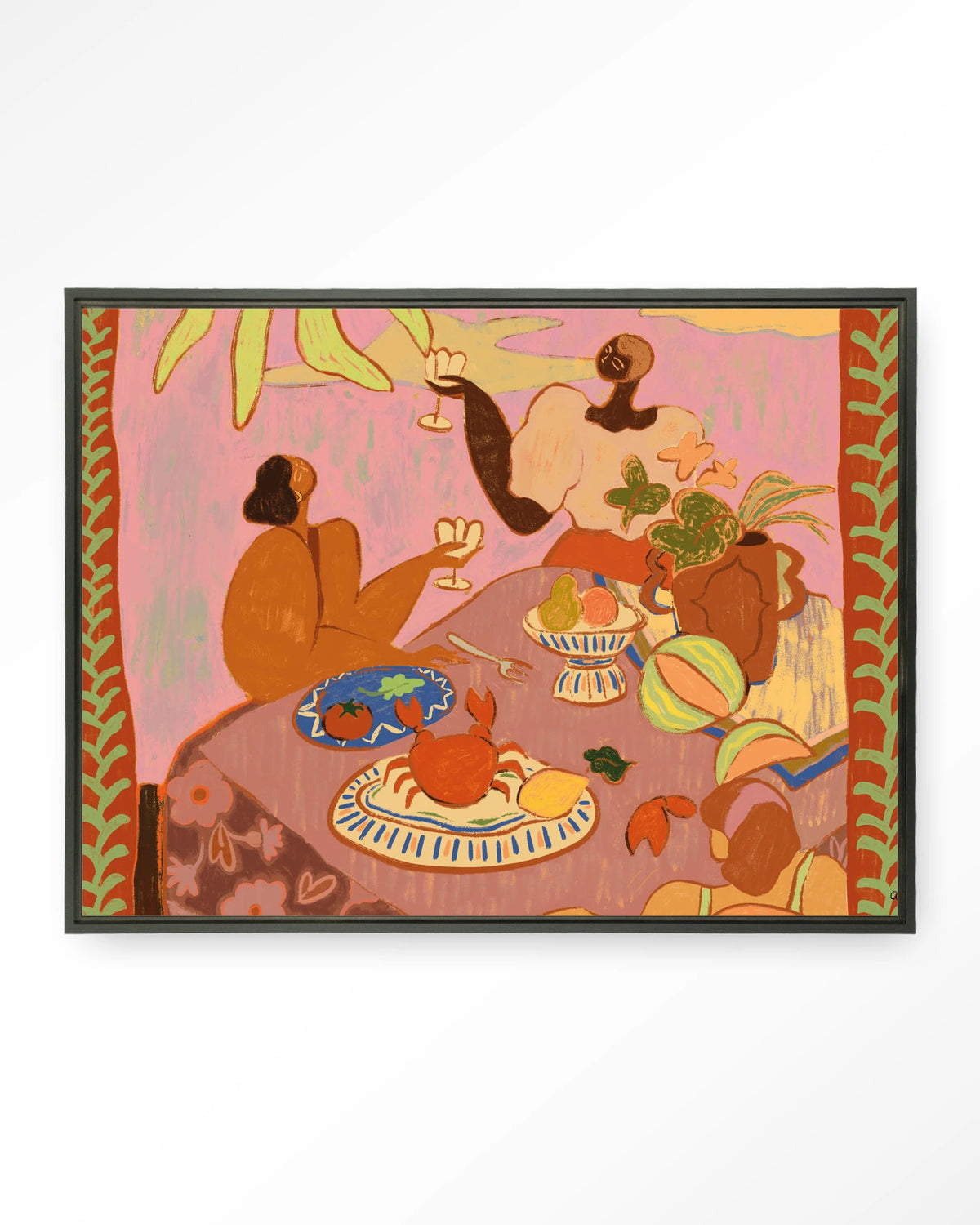 Lunch with the ladies – lunch aan tafel in roze – Wandkleed – Floating frame – zwart