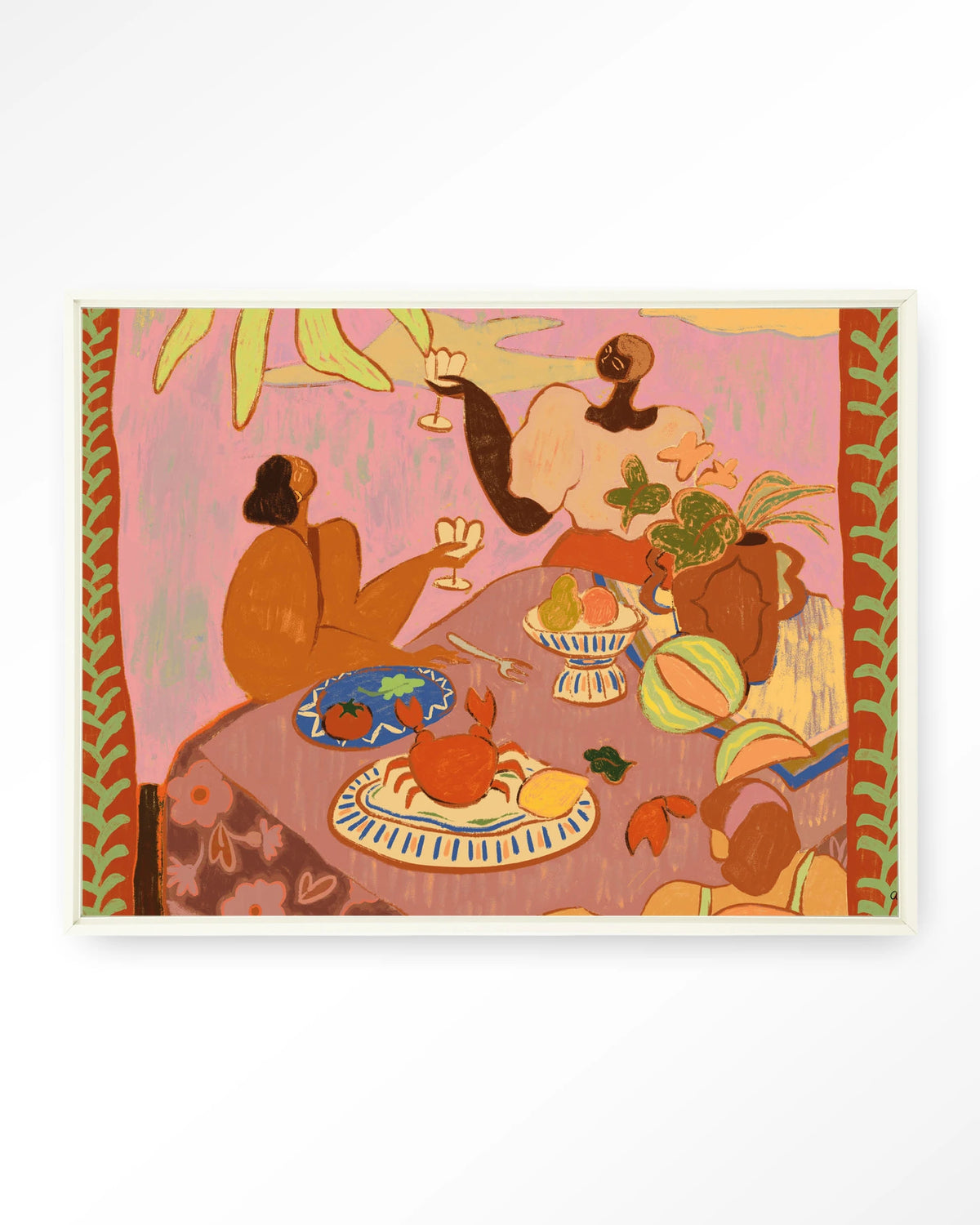 Lunch with the ladies – lunch aan tafel in roze – Wandkleed – Floating frame – wit