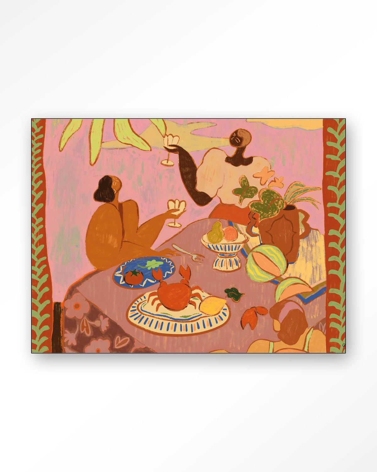 Lunch with the ladies – lunch aan tafel in roze – Wandkleed – Frame – zwart