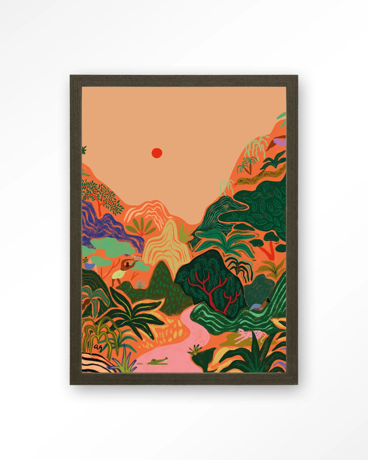 Hidden Paradise – tropisch junglelandschap – Art print – Hout donkerbruin