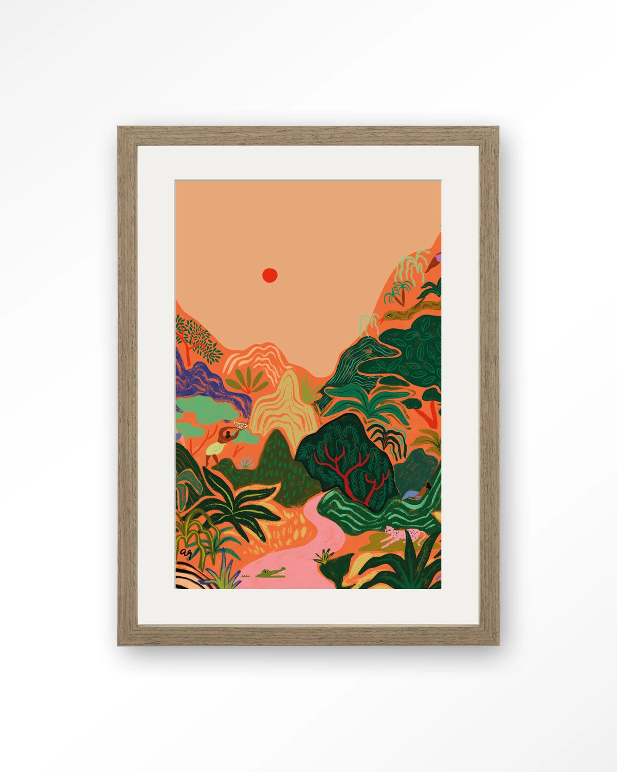 Hidden Paradise – tropisch junglelandschap – Art print – Hout bruin + passe-partout
