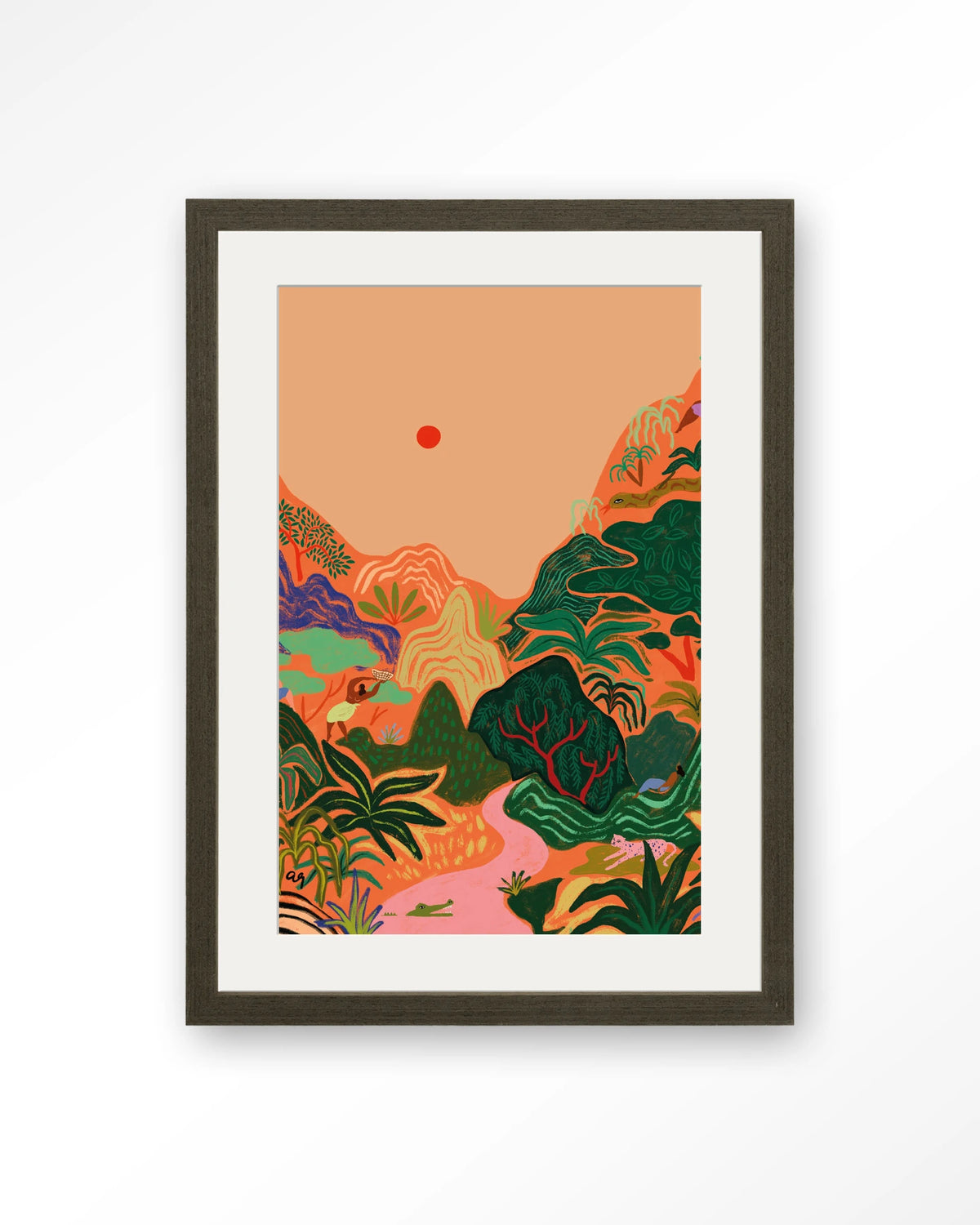 Hidden Paradise – tropisch junglelandschap – Art print – Hout donkerbruin + passe-partout