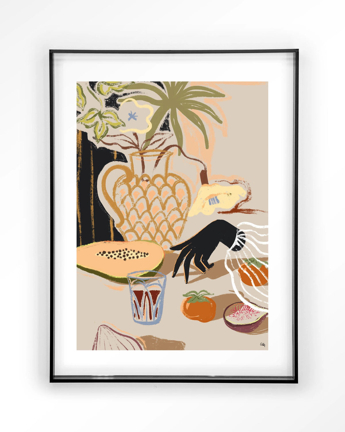 Fruitful Spread – stilleven met fruit en vaas – Art print – Acryl zwart