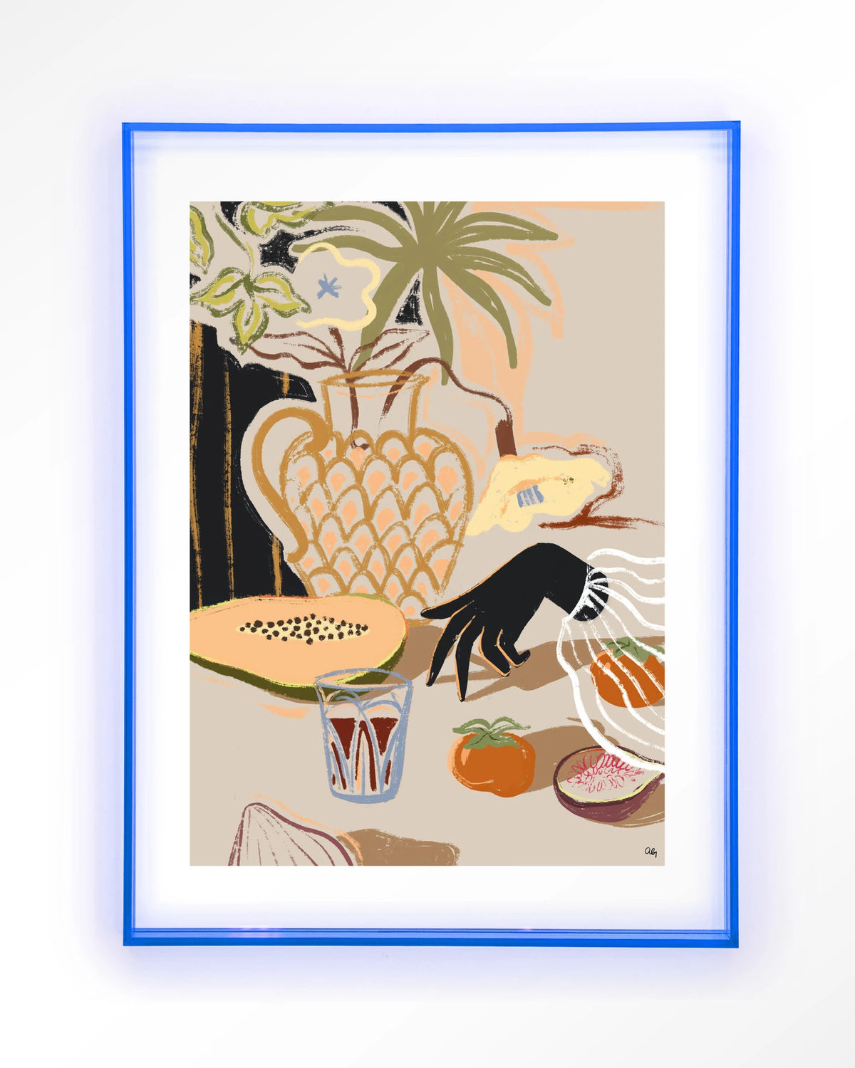 Fruitful Spread – stilleven met fruit en vaas – Art print – Acryl lichtblauw