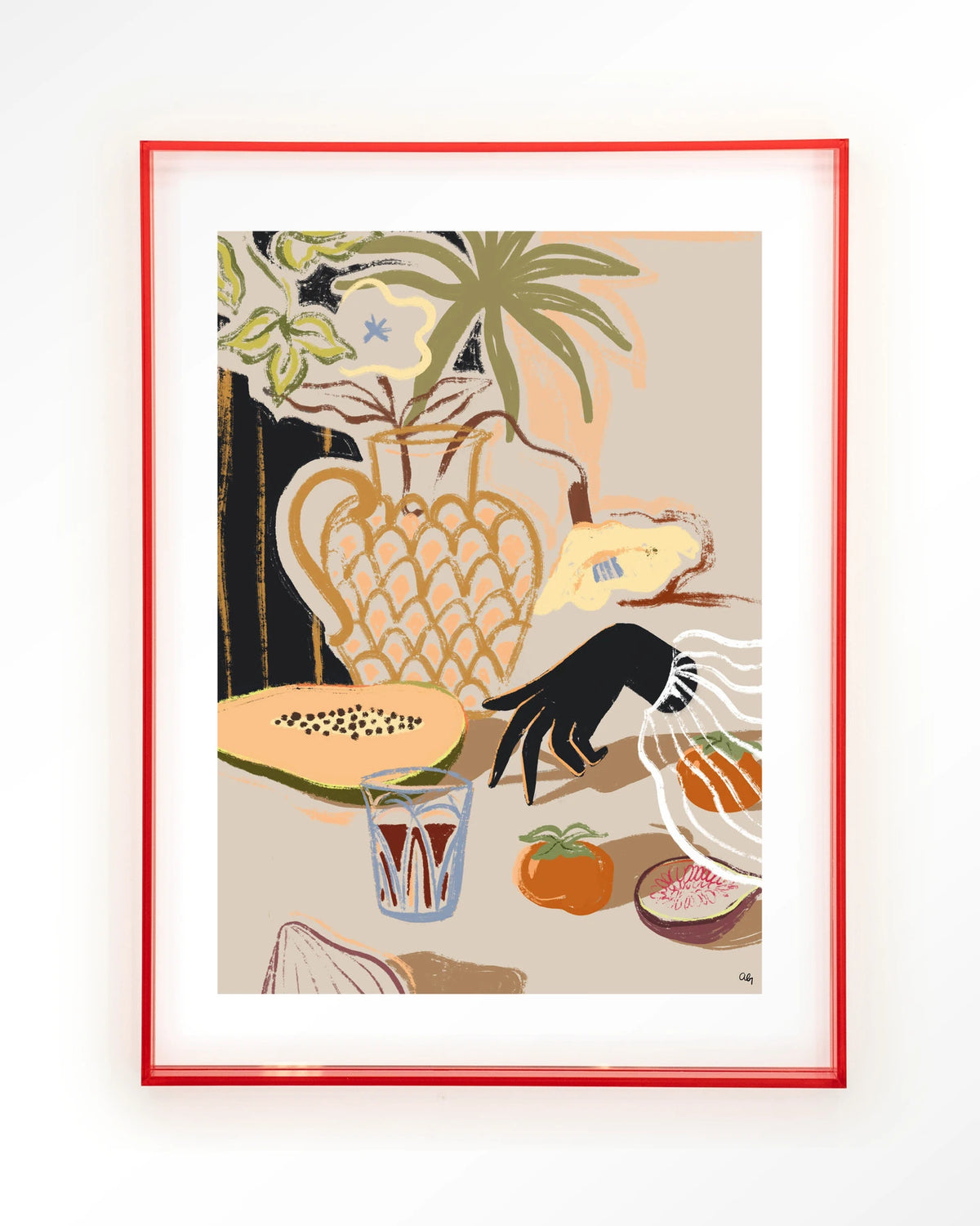 Fruitful Spread – stilleven met fruit en vaas – Art print – Acryl roze
