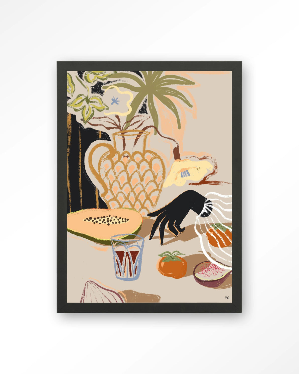 Fruitful Spread – stilleven met fruit en vaas – Art print – Hout zwart