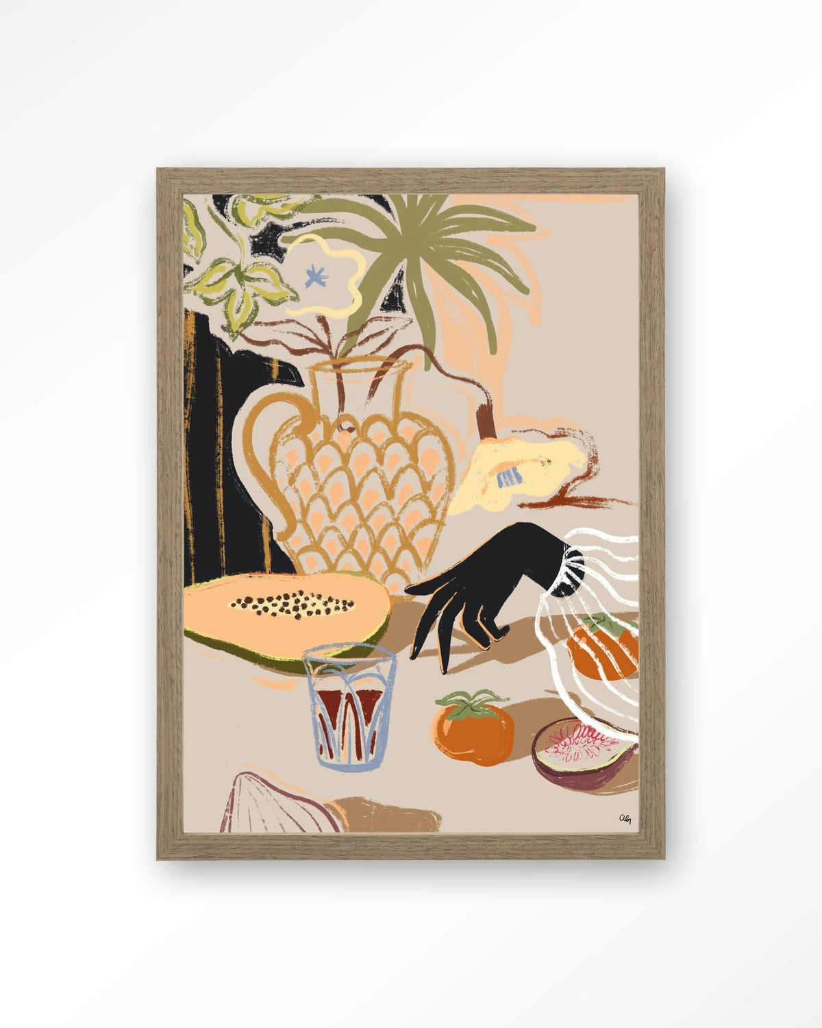 Fruitful Spread – stilleven met fruit en vaas – Art print – Hout bruin