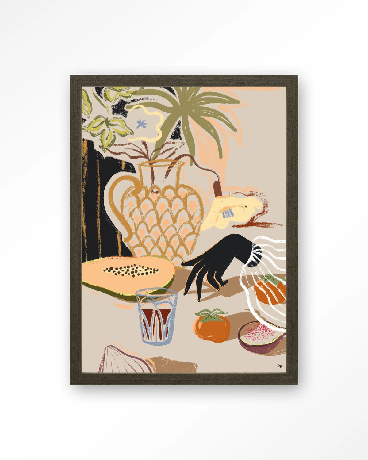 Fruitful Spread – stilleven met fruit en vaas – Art print – Hout donkerbruin