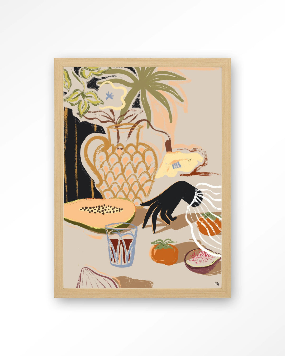 Fruitful Spread – stilleven met fruit en vaas – Art print – Hout naturel
