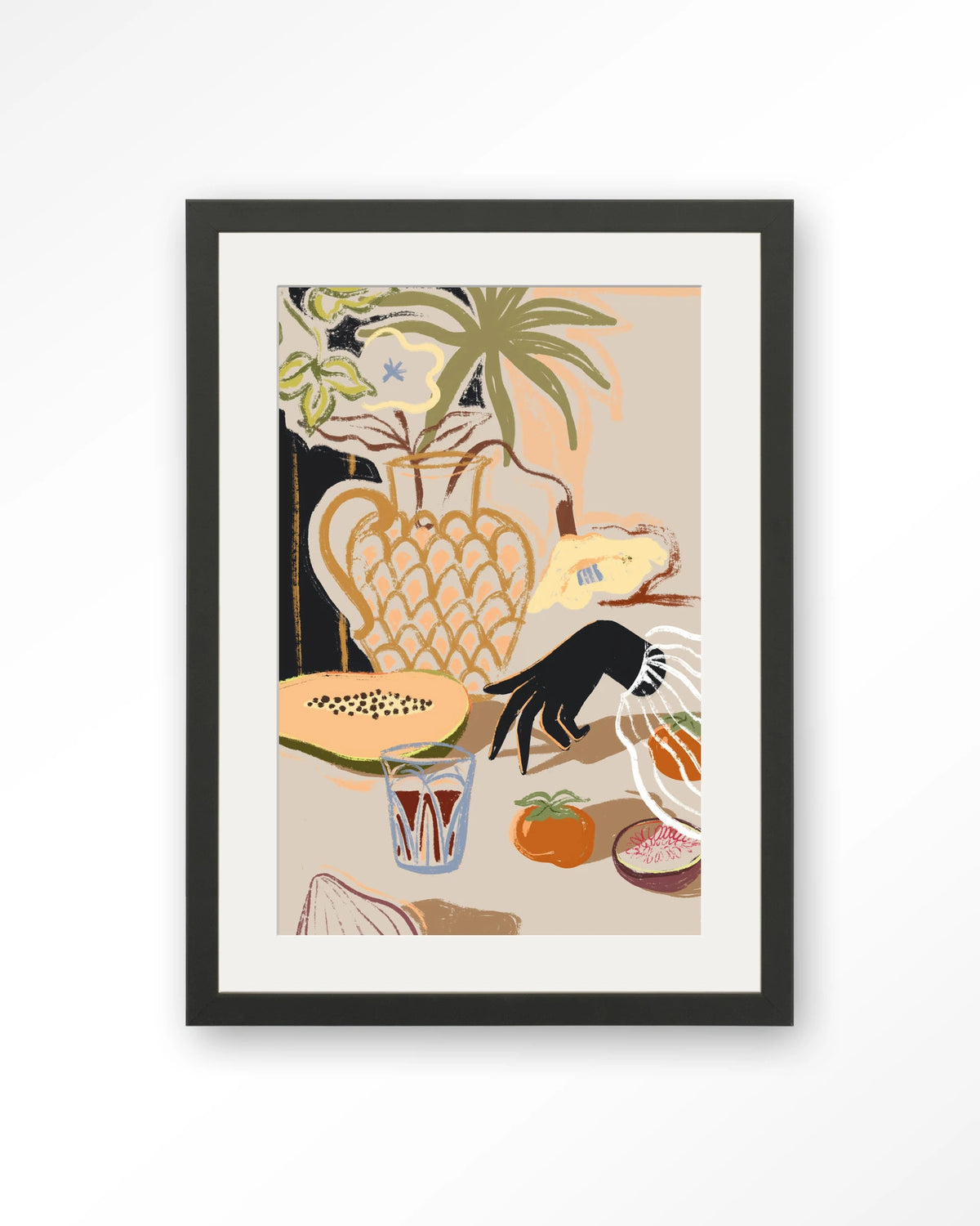 Fruitful Spread – stilleven met fruit en vaas – Art print – Hout zwart + passe-partout