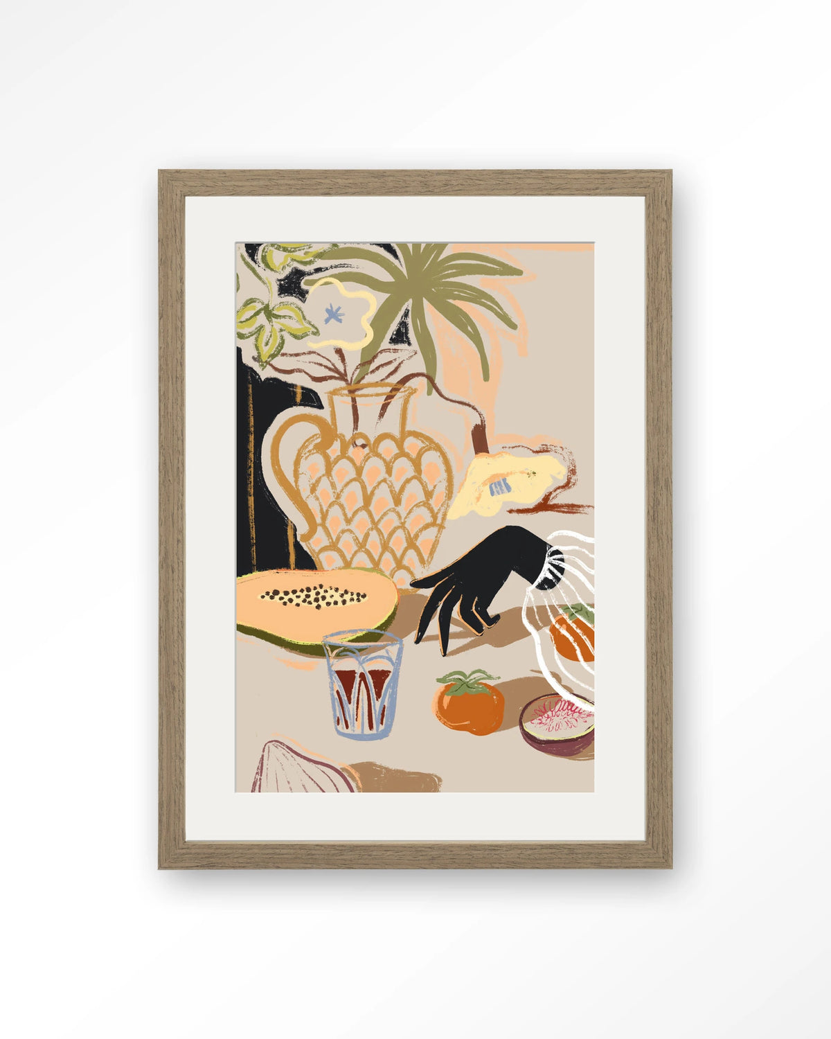 Fruitful Spread – stilleven met fruit en vaas – Art print – Hout bruin + passe-partout