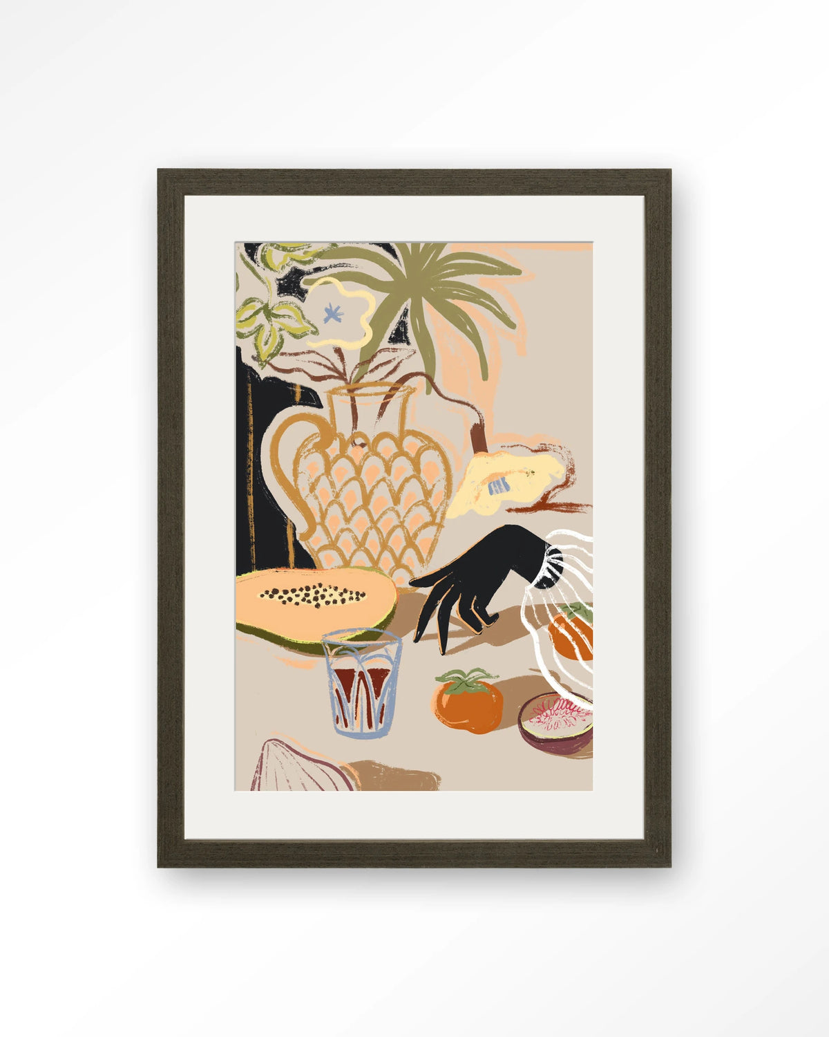 Fruitful Spread – stilleven met fruit en vaas – Art print – Hout donkerbruin + passe-partout