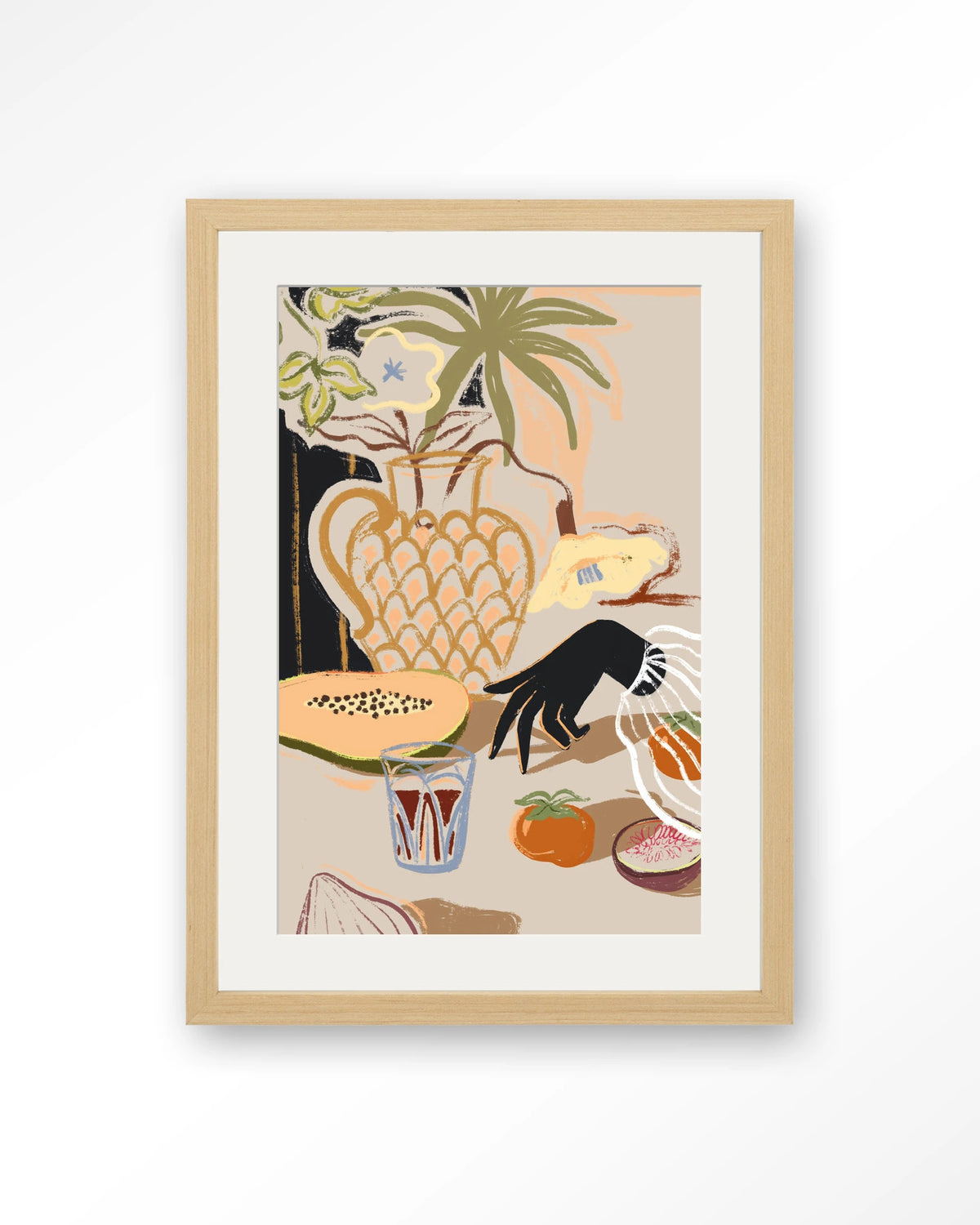Fruitful Spread – stilleven met fruit en vaas – Art print – Hout naturel + passe-partout
