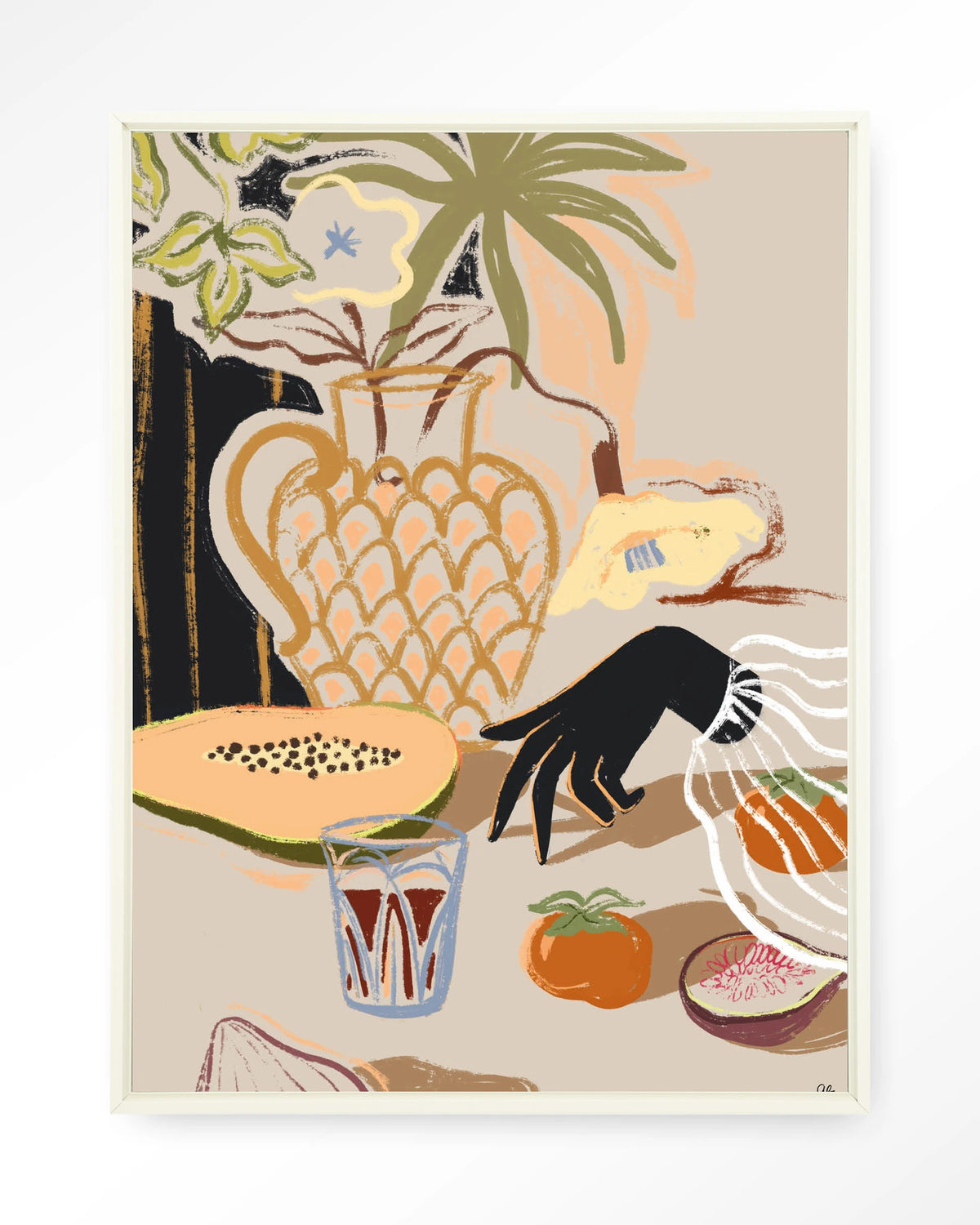 Fruitful Spread – stilleven met fruit en vaas – Wandkleed – Floating frame – wit