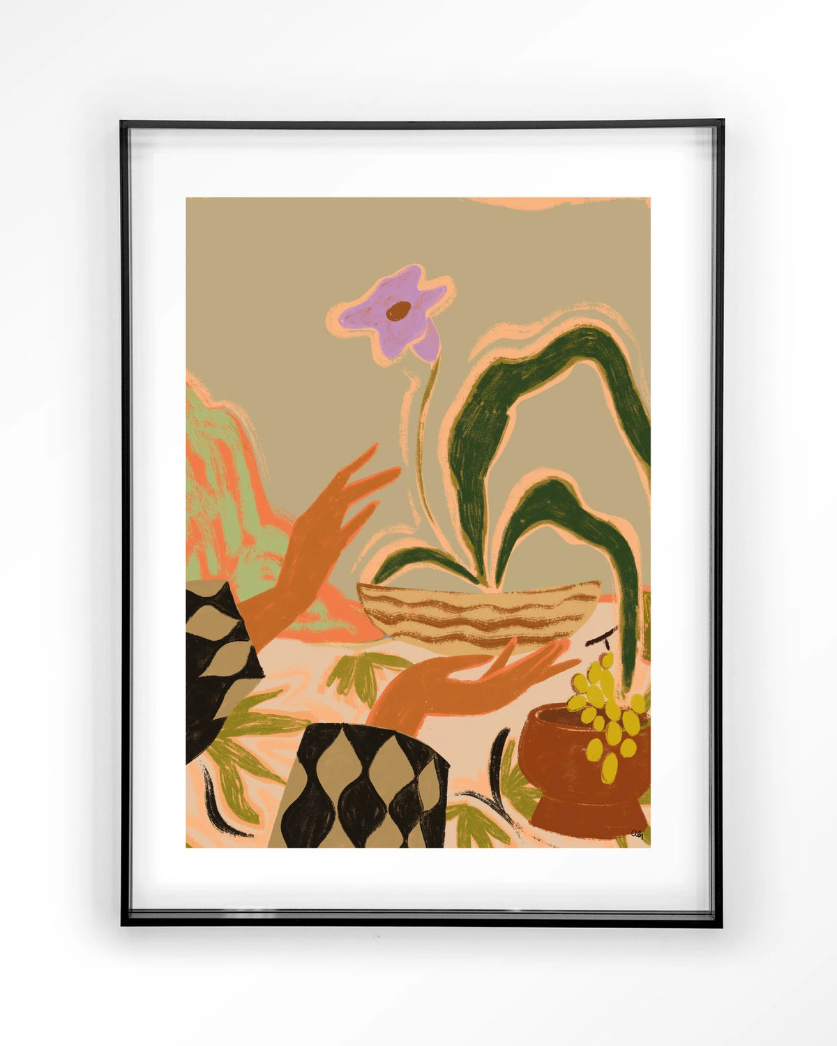 The Power of One – handen met plant en druiven – Art print – Acryl zwart