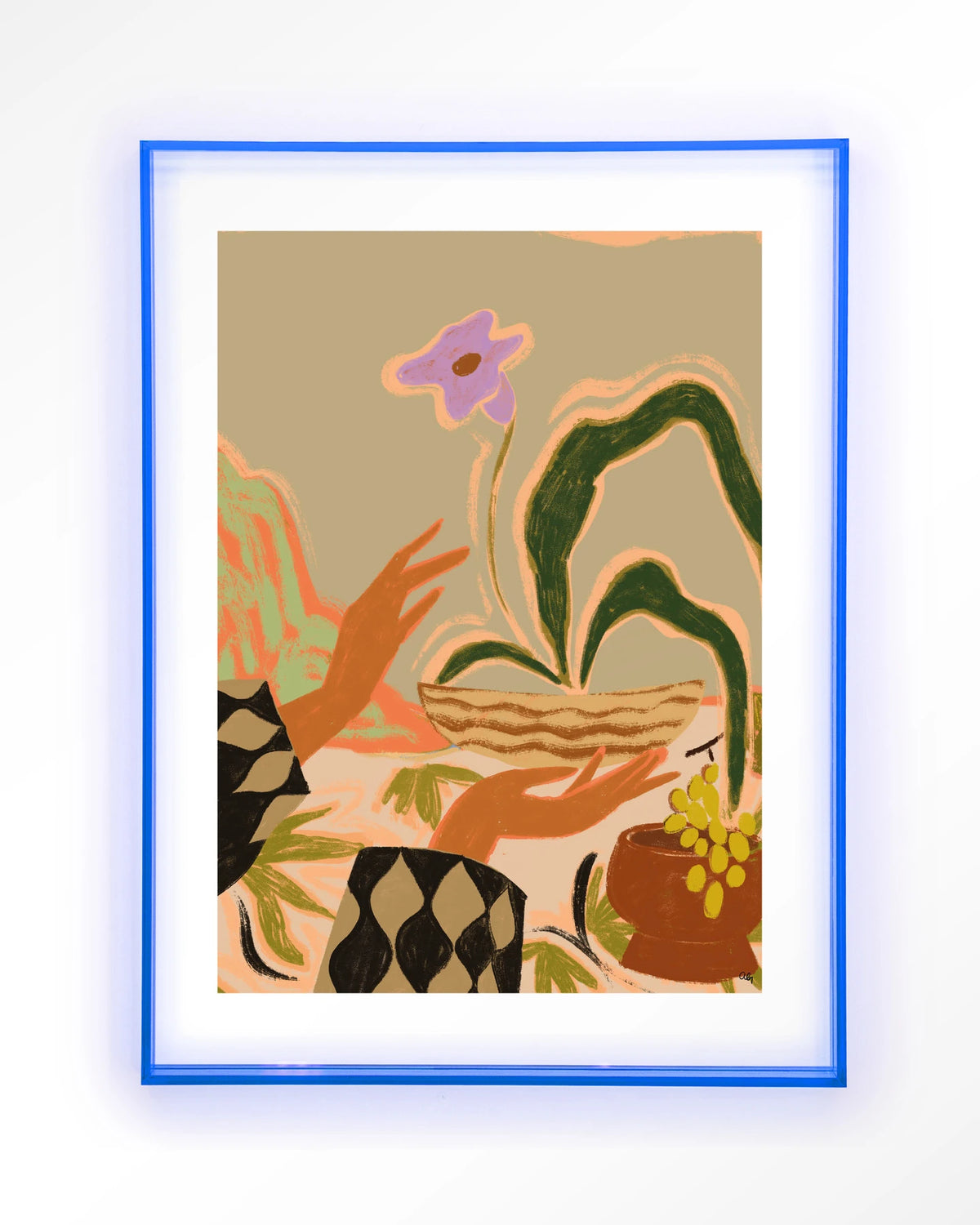 The Power of One – handen met plant en druiven – Art print – Acryl lichtblauw