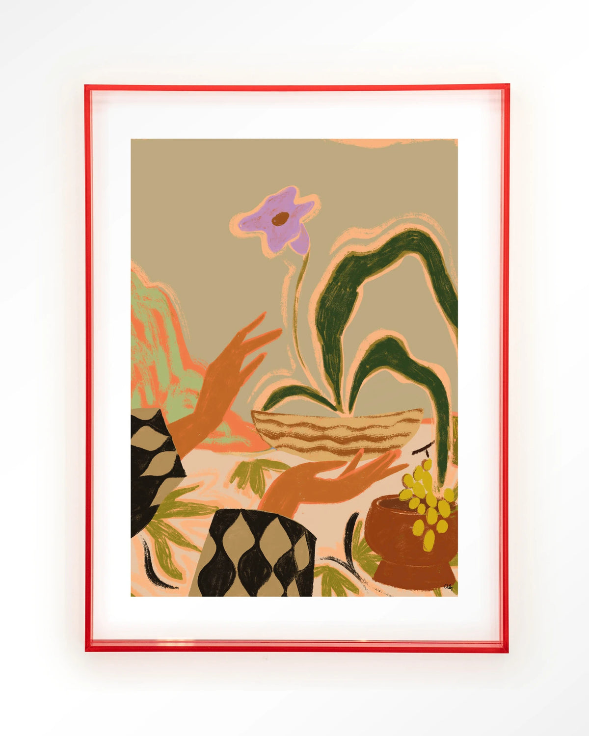 The Power of One – handen met plant en druiven – Art print – Acryl roze