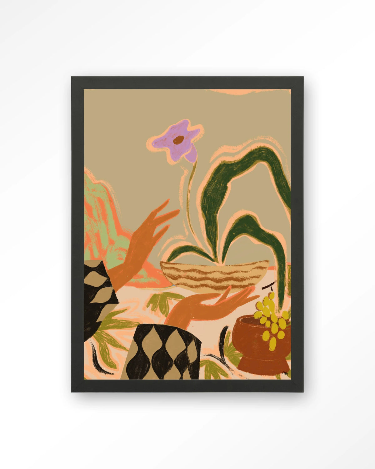 The Power of One – handen met plant en druiven – Art print – Hout zwart