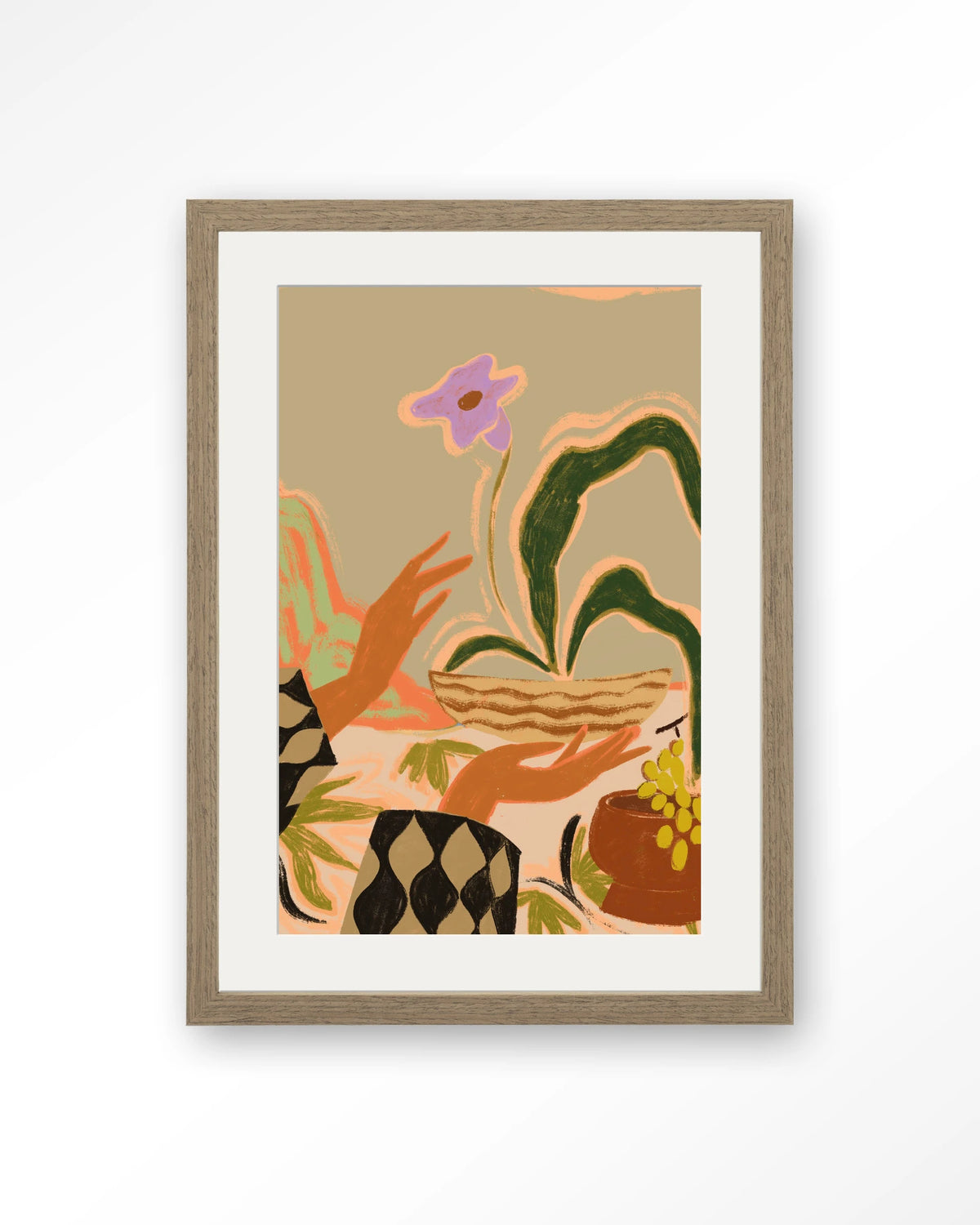 The Power of One – handen met plant en druiven – Art print – Hout bruin + passe-partout
