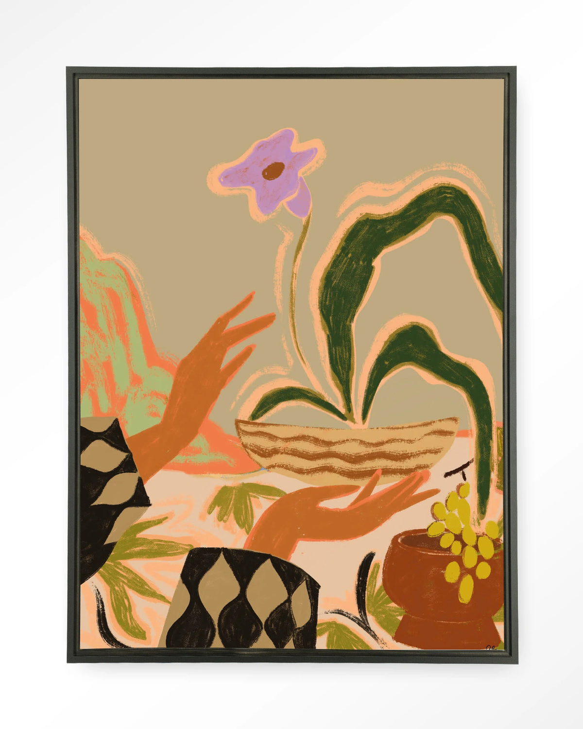 The Power of One – handen met plant en druiven – Wandkleed – Floating frame – zwart