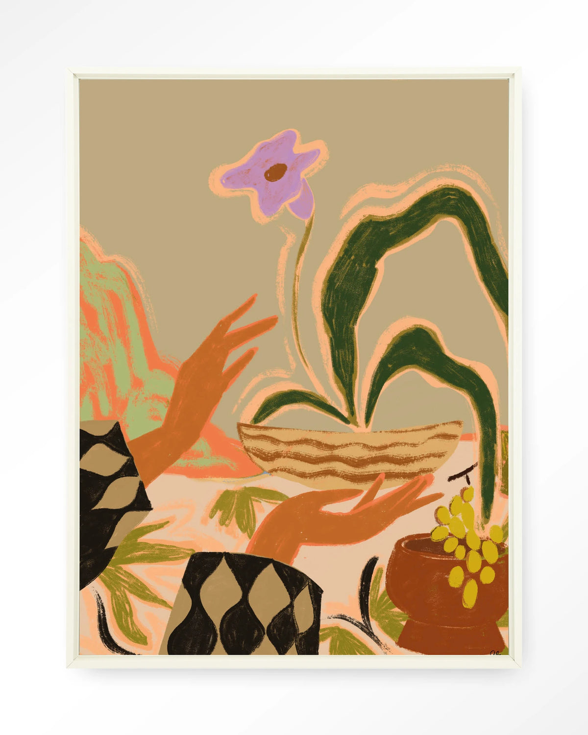 The Power of One – handen met plant en druiven – Wandkleed – Floating frame – wit