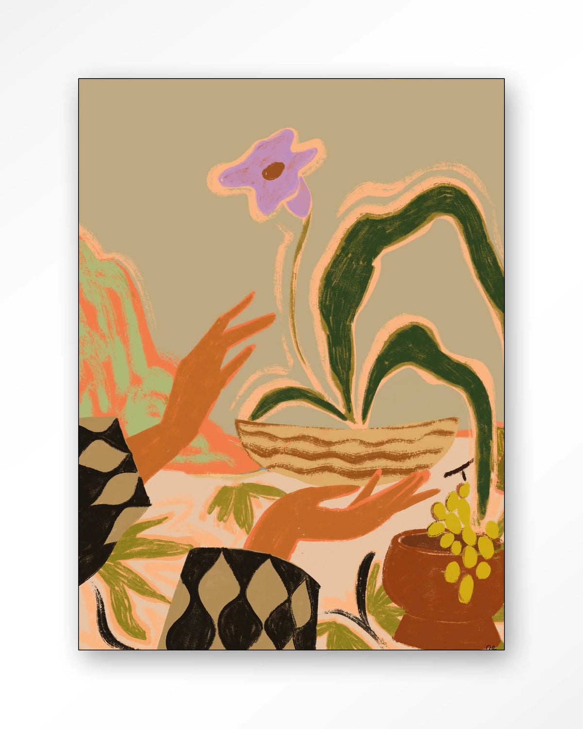 The Power of One – handen met plant en druiven – Wandkleed – Frame – zwart