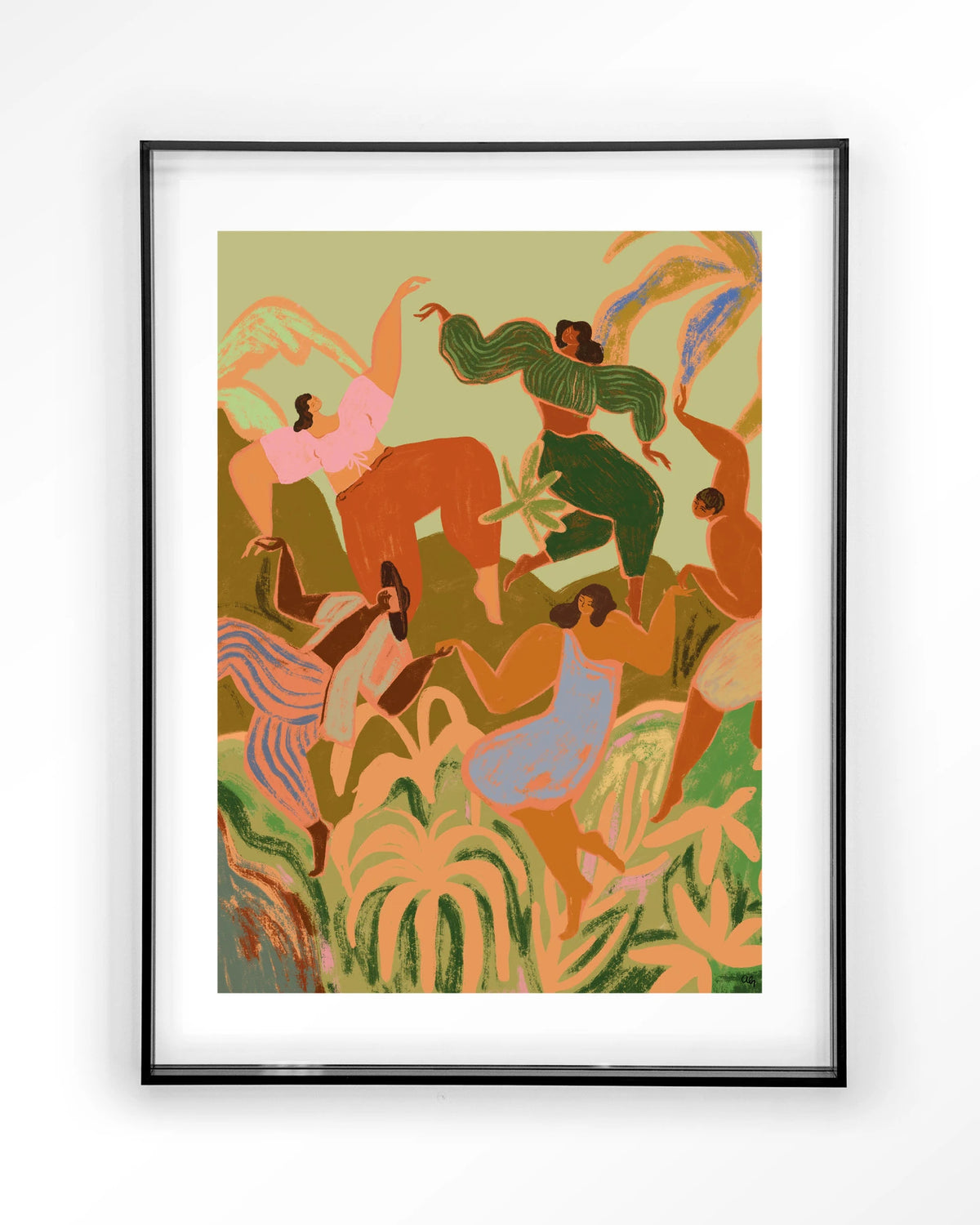 Spring Frolic – dansende vrouwen tussen planten – Art print – Acryl zwart