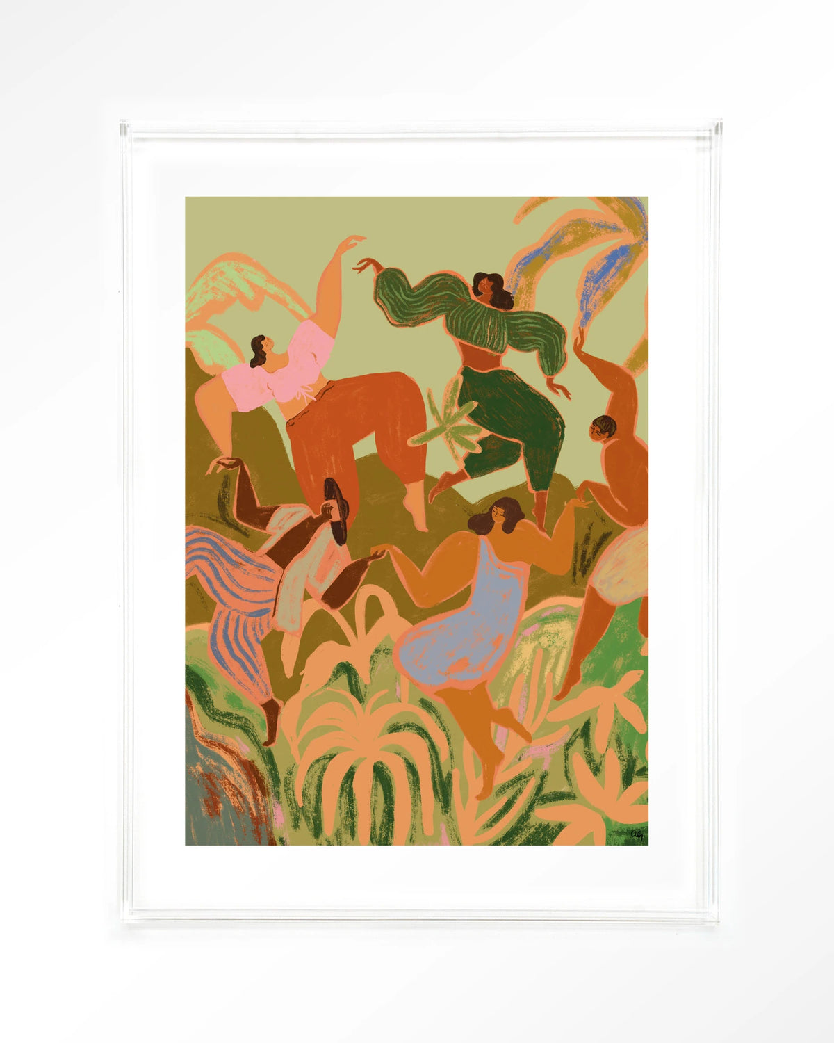 Spring Frolic – dansende vrouwen tussen planten – Art print – Acryl doorzichtig
