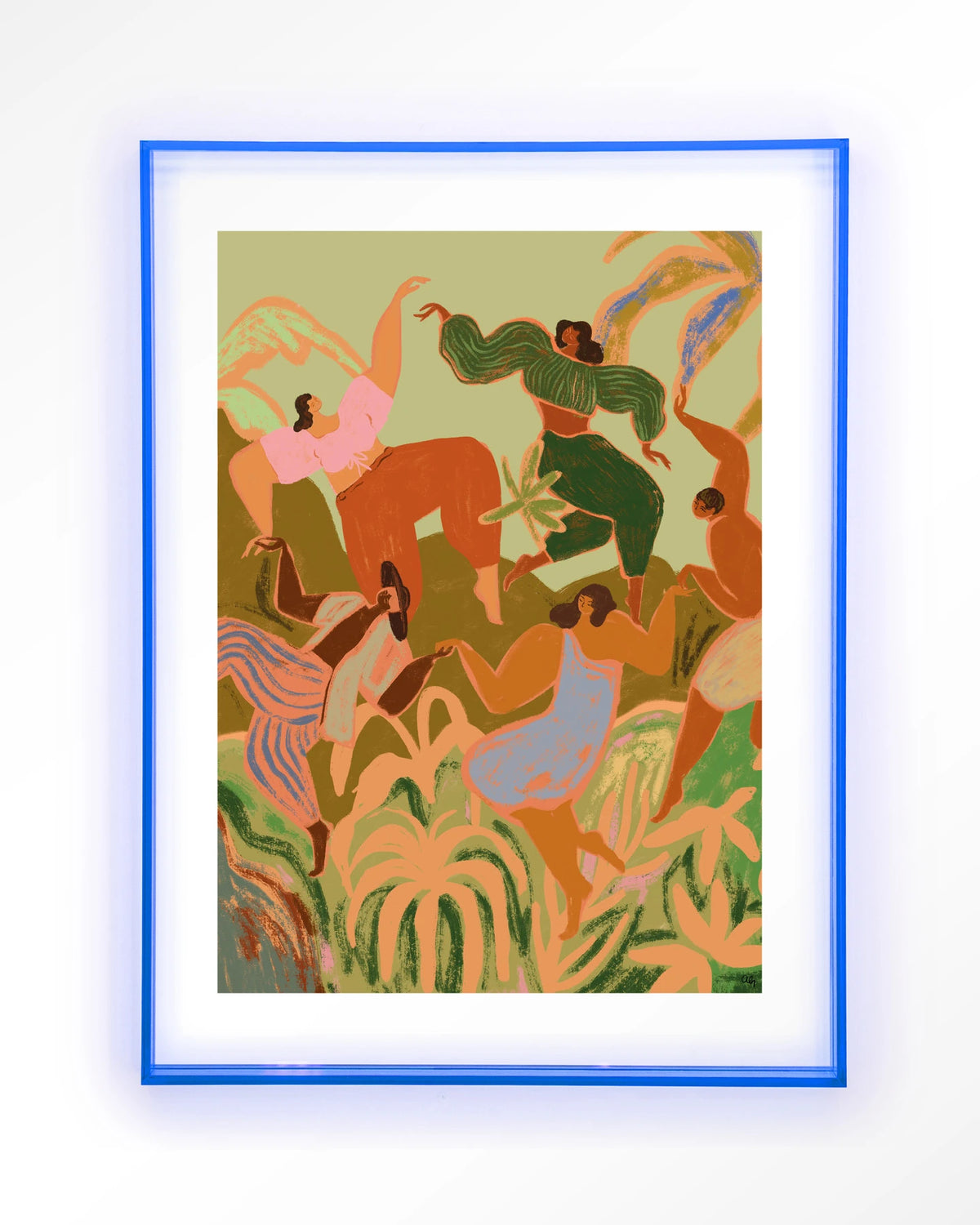 Spring Frolic – dansende vrouwen tussen planten – Art print – Acryl lichtblauw