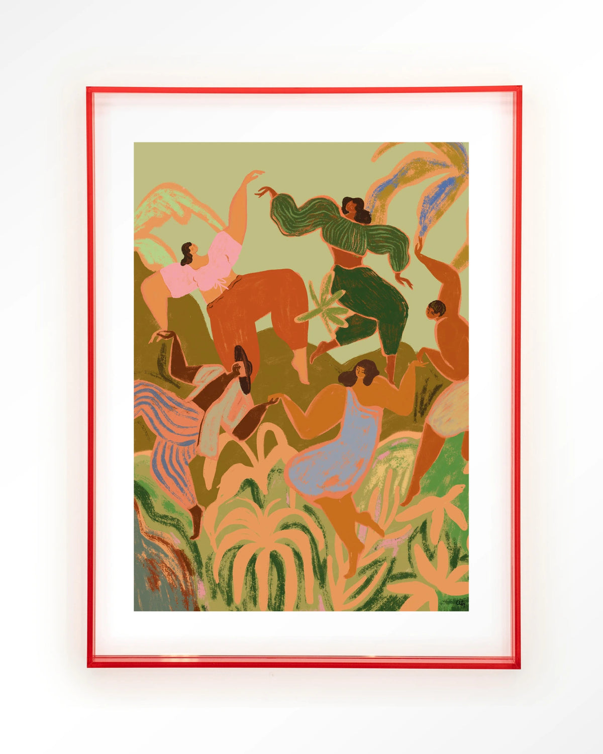 Spring Frolic – dansende vrouwen tussen planten – Art print – Acryl roze