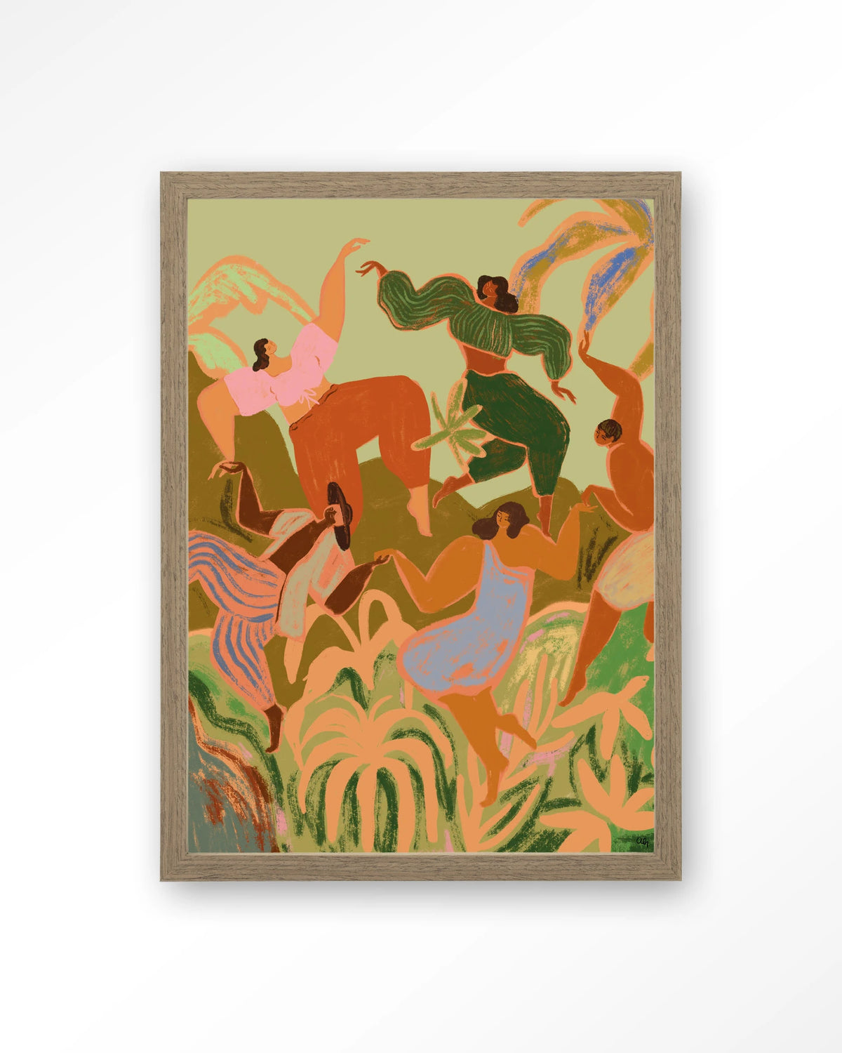 Spring Frolic – dansende vrouwen tussen planten – Art print – Hout bruin