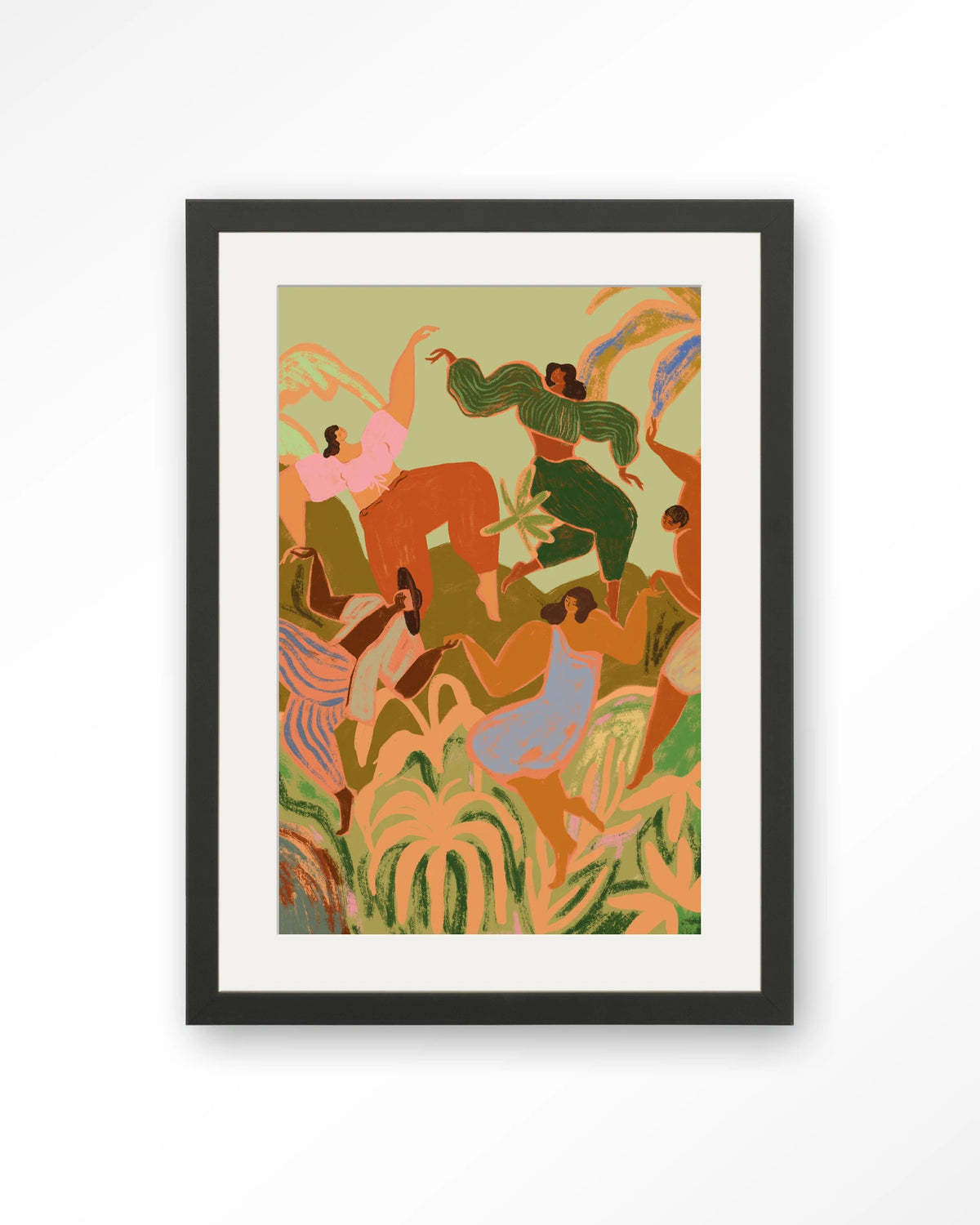 Spring Frolic – dansende vrouwen tussen planten – Art print – Hout zwart + passe-partout