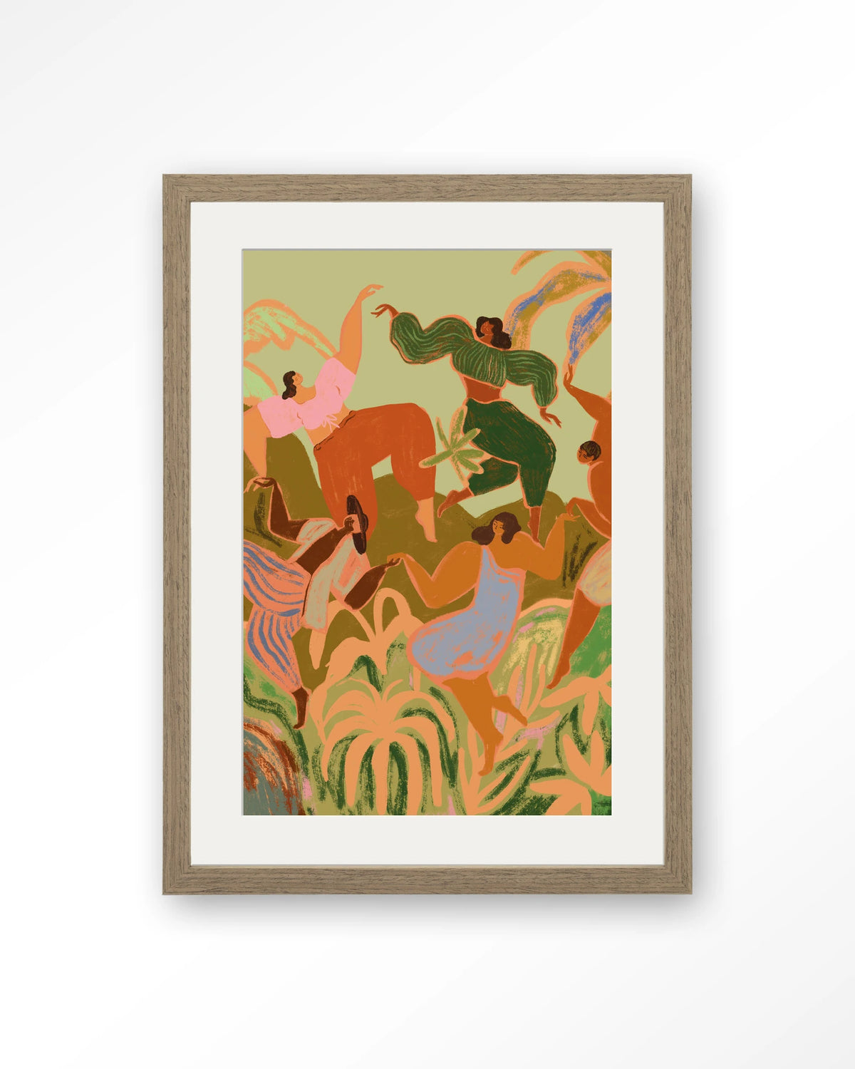 Spring Frolic – dansende vrouwen tussen planten – Art print – Hout bruin + passe-partout