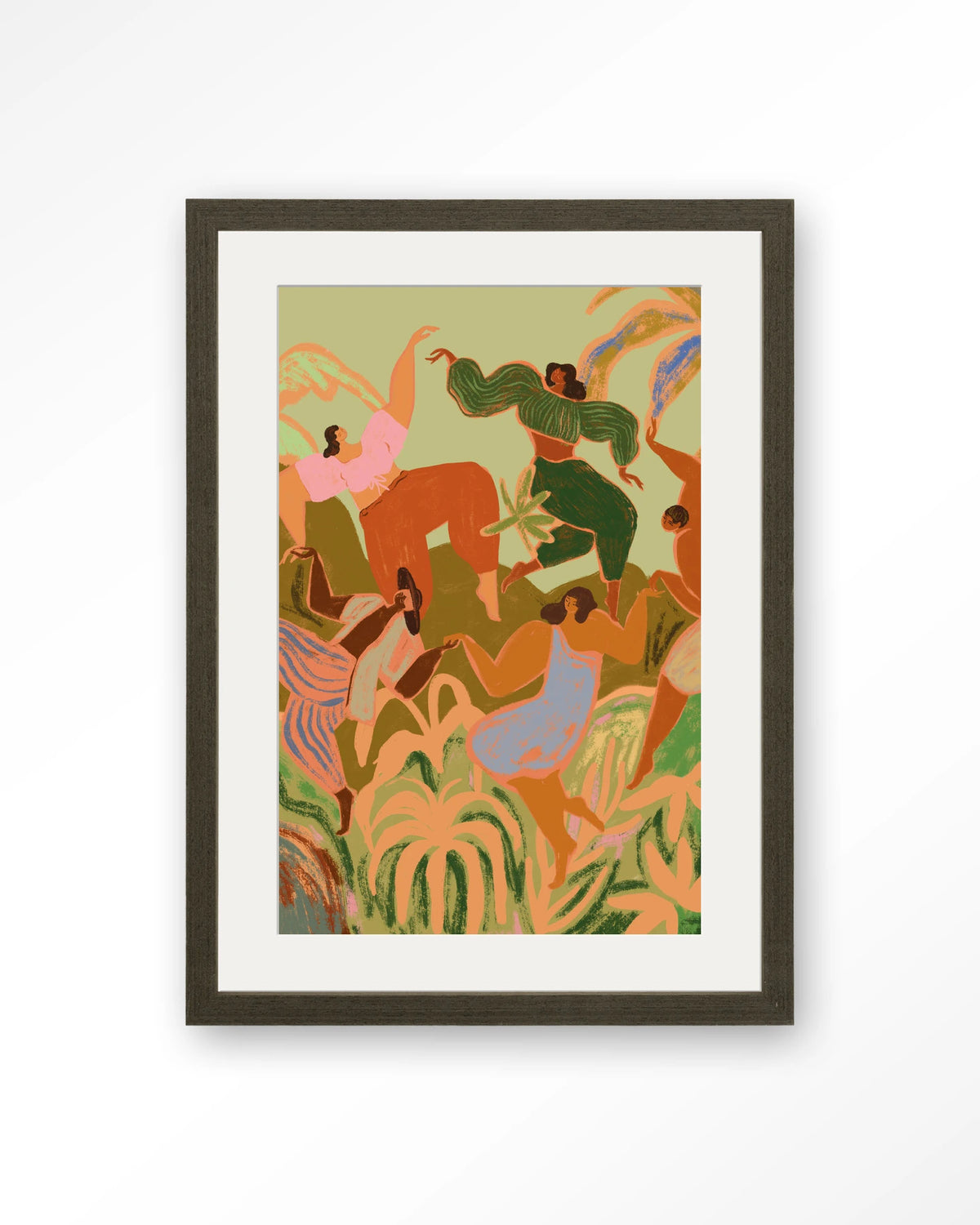 Spring Frolic – dansende vrouwen tussen planten – Art print – Hout donkerbruin + passe-partout