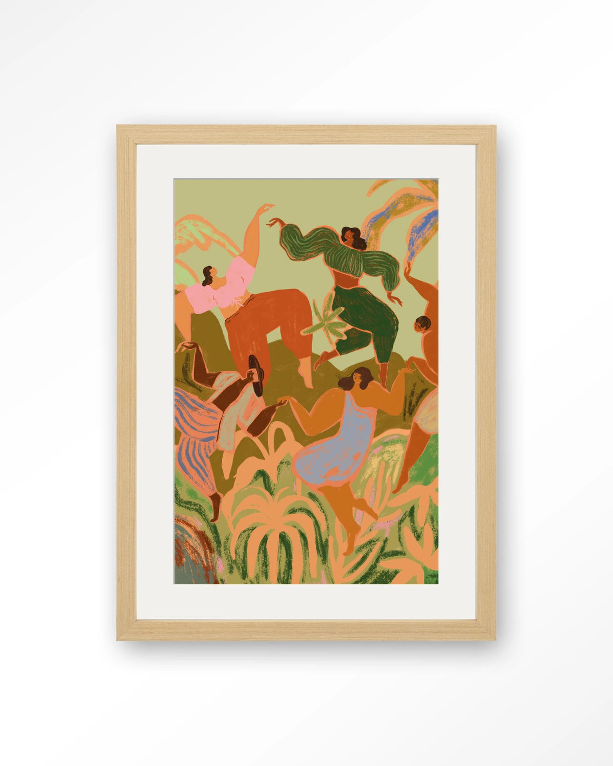 Spring Frolic – dansende vrouwen tussen planten – Art print – Hout naturel + passe-partout