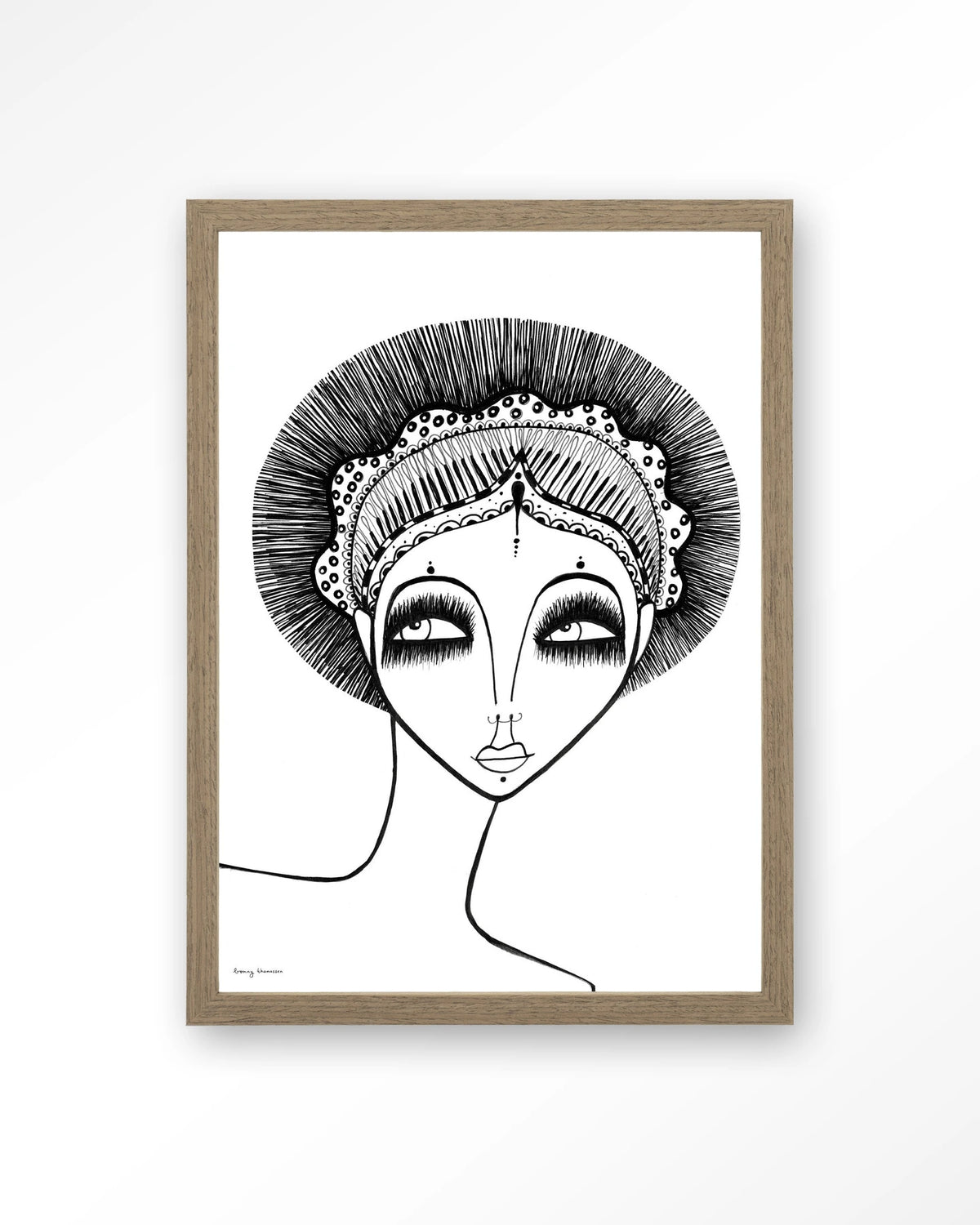 Leyla – zwart-wit lijntekening van een vrouw – Art print – Hout bruin