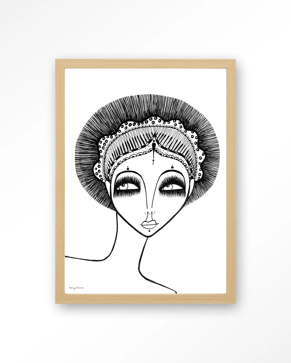 Leyla – zwart-wit lijntekening van een vrouw – Art print – Hout naturel