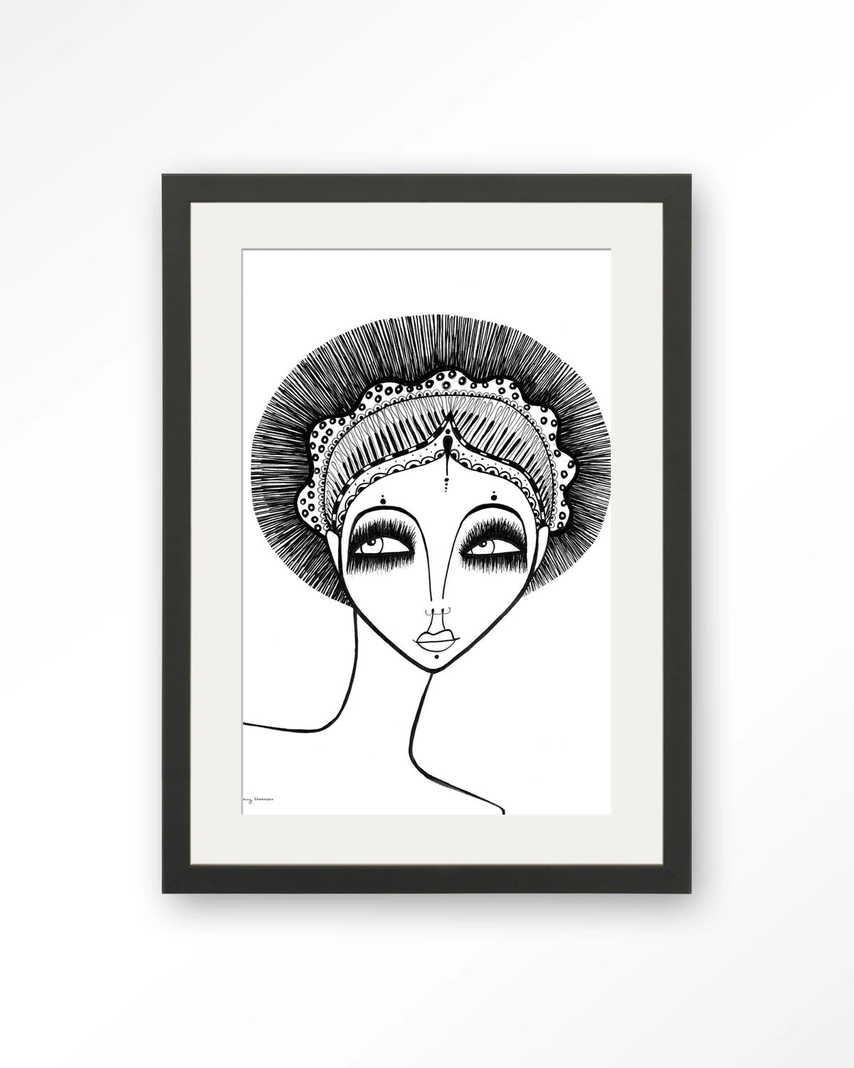 Leyla – zwart-wit lijntekening van een vrouw – Art print – Hout zwart + passe-partout