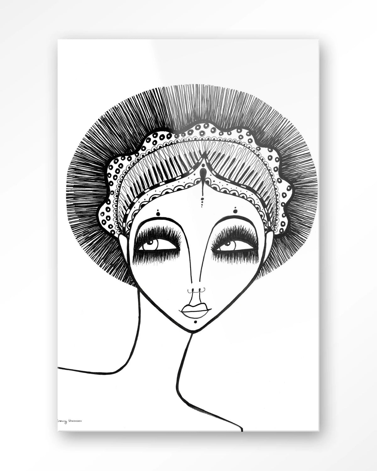 Leyla – zwart-wit lijntekening van een vrouw – Glas – Blinde montage