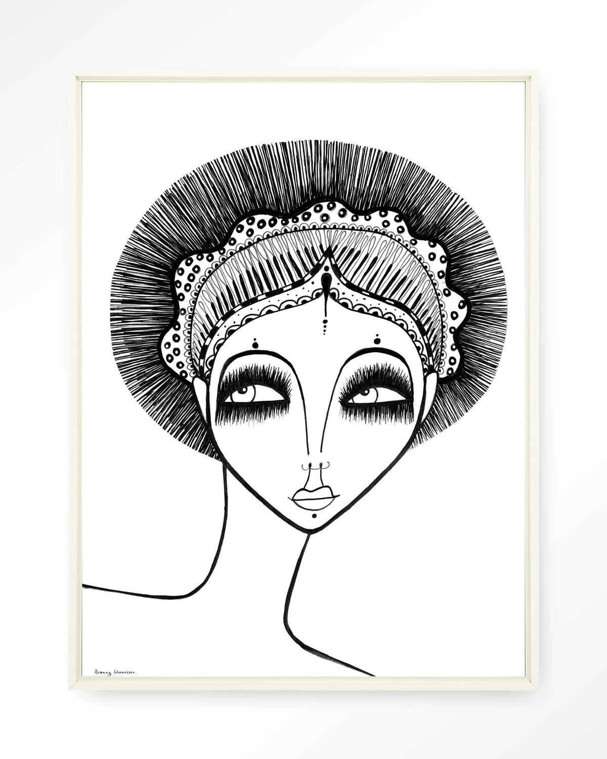 Leyla – zwart-wit lijntekening van een vrouw – Wandkleed – Floating frame – wit