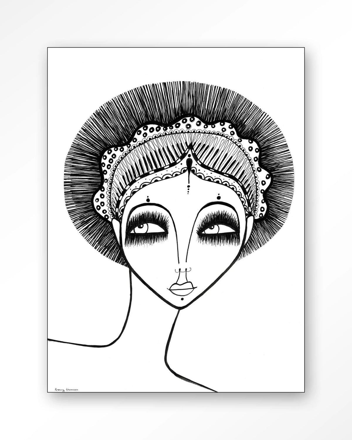 Leyla – zwart-wit lijntekening van een vrouw – Wandkleed – Frame – zwart