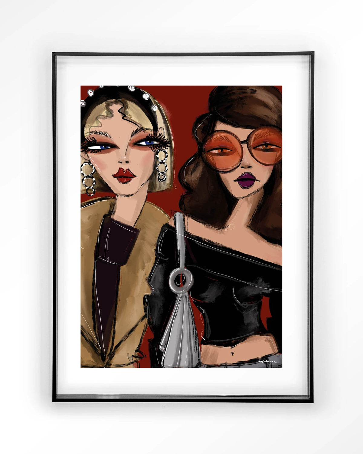 Fall Friends – twee modieuze vrouwen illustratie – Art print – Acryl zwart