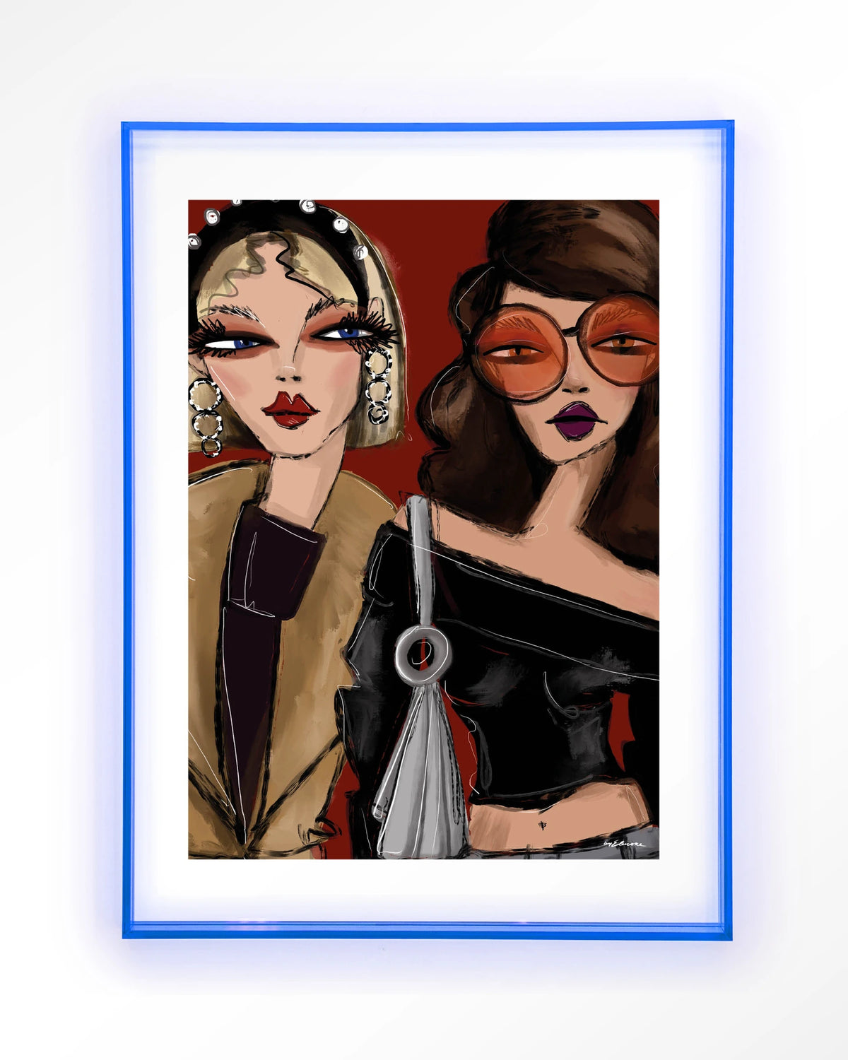 Fall Friends – twee modieuze vrouwen illustratie – Art print – Acryl lichtblauw
